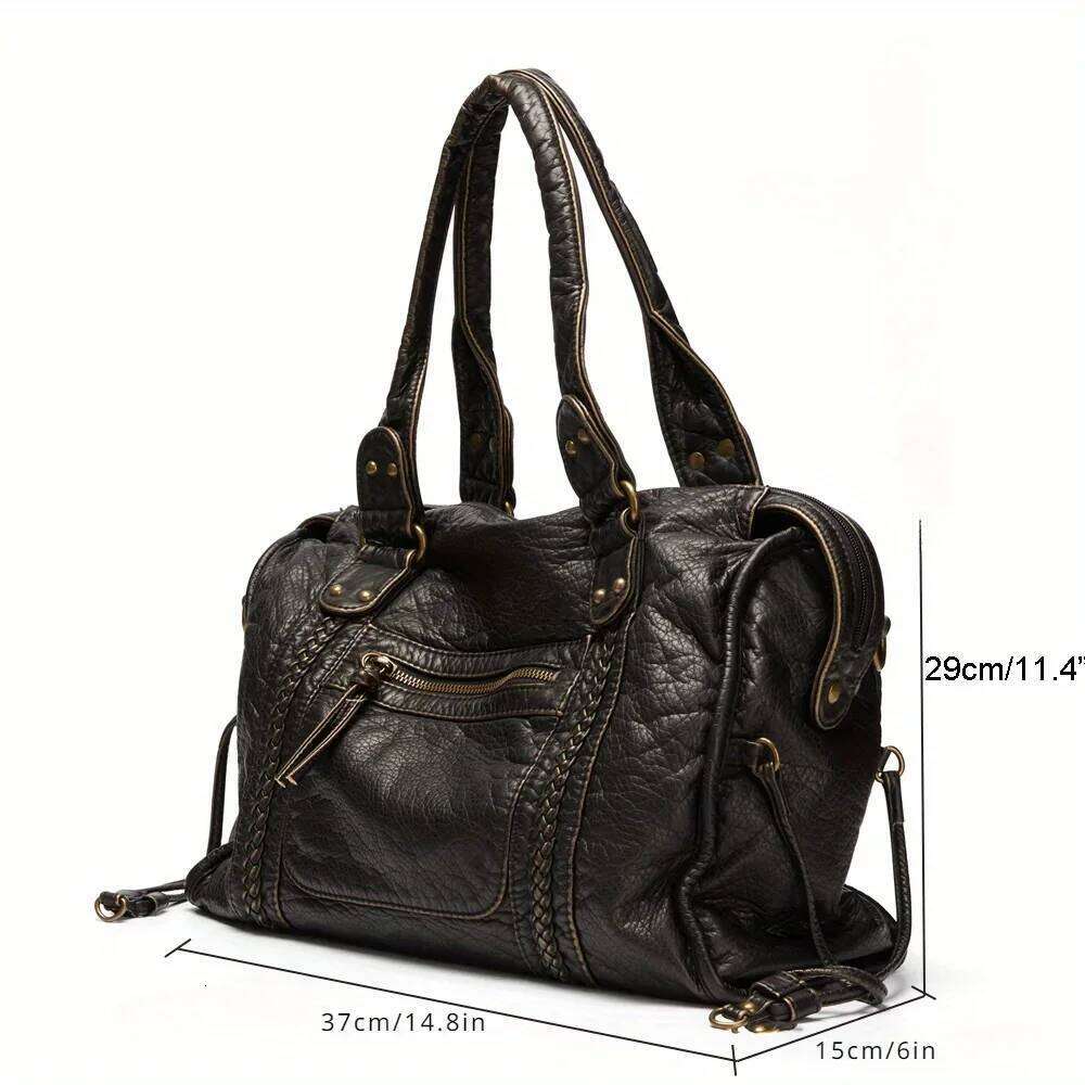 Soft leather retro shoulder messenger large capacity tote Y2K motorcycle bag