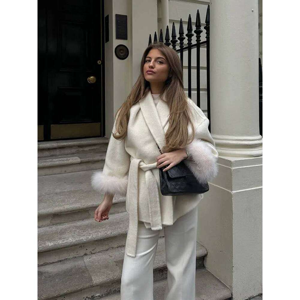 2025 Chic Lapel Plush Coat With Belt Women Vintage Solid Faux Fur Sleeve Tweed Open Coats Female Autumn Casual Street Outwear