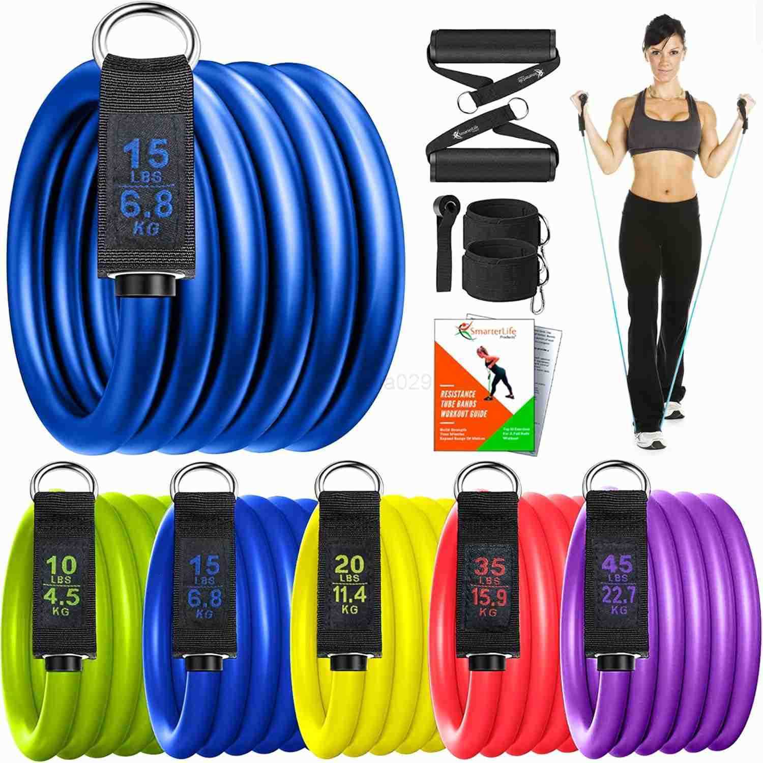 Resistance Bands with Handles Physical Therapy Strap Exercise Band to Tone Arms Legs Chest Booty 5 Exercise Bands with Handles Ankle Straps NoSlip Doo