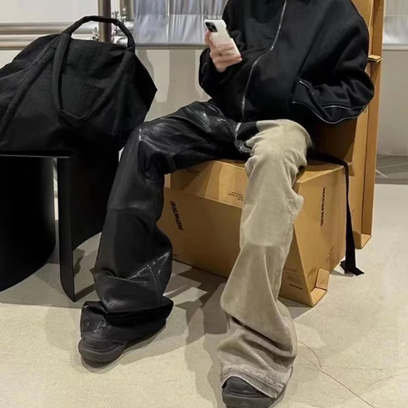 MIJKO RO Style Ribbons Patchwork Gradient Stacked Wax Pants Unisex Straight Streetwear Baggy Y2K Flare Jeans Loose Cargos