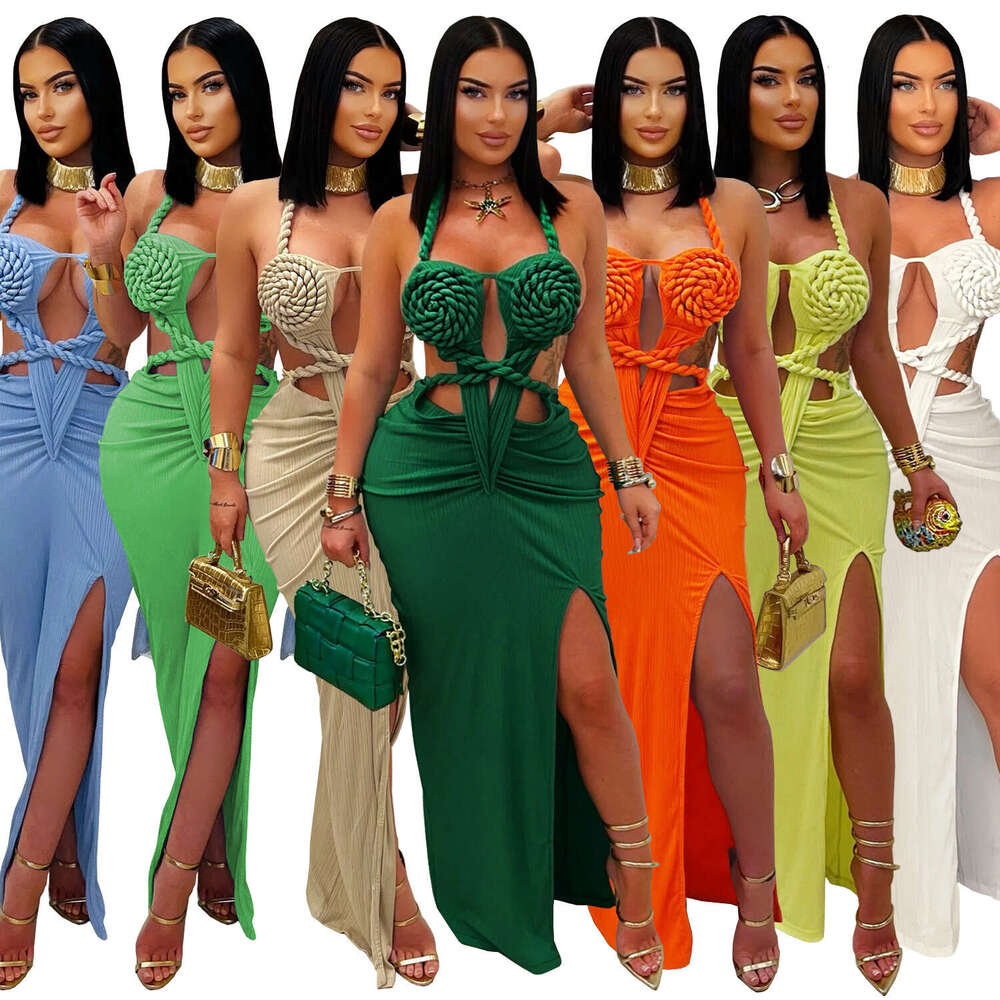 Cross-border European and American Fashion Design Women Sexy Knitted Halter Backless Solid Color Dress