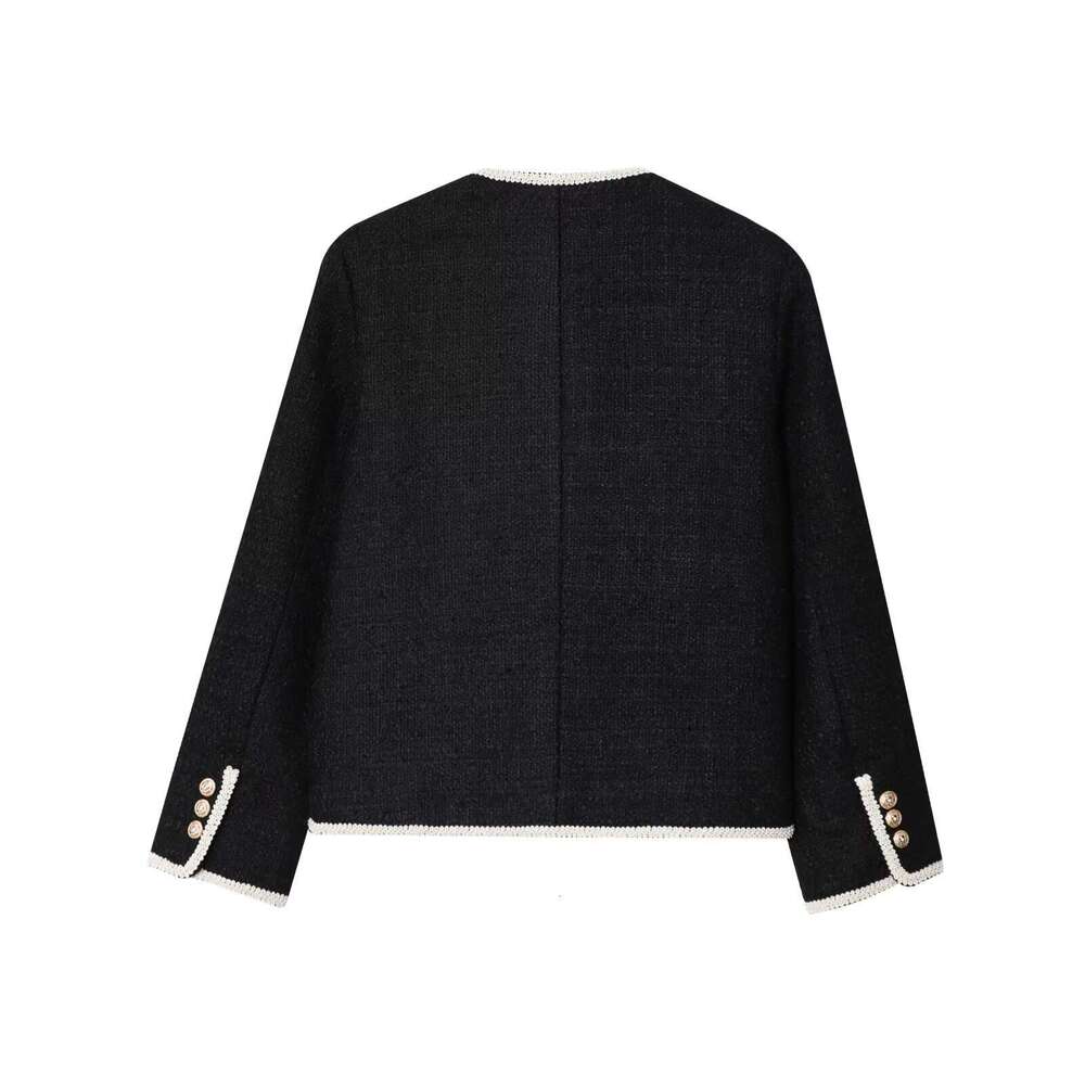 DHEssentials Autumn New Style Tweed Contrast Color Lace Trim Four-Pocket Short Fleece Round Neck Jacket 1290871