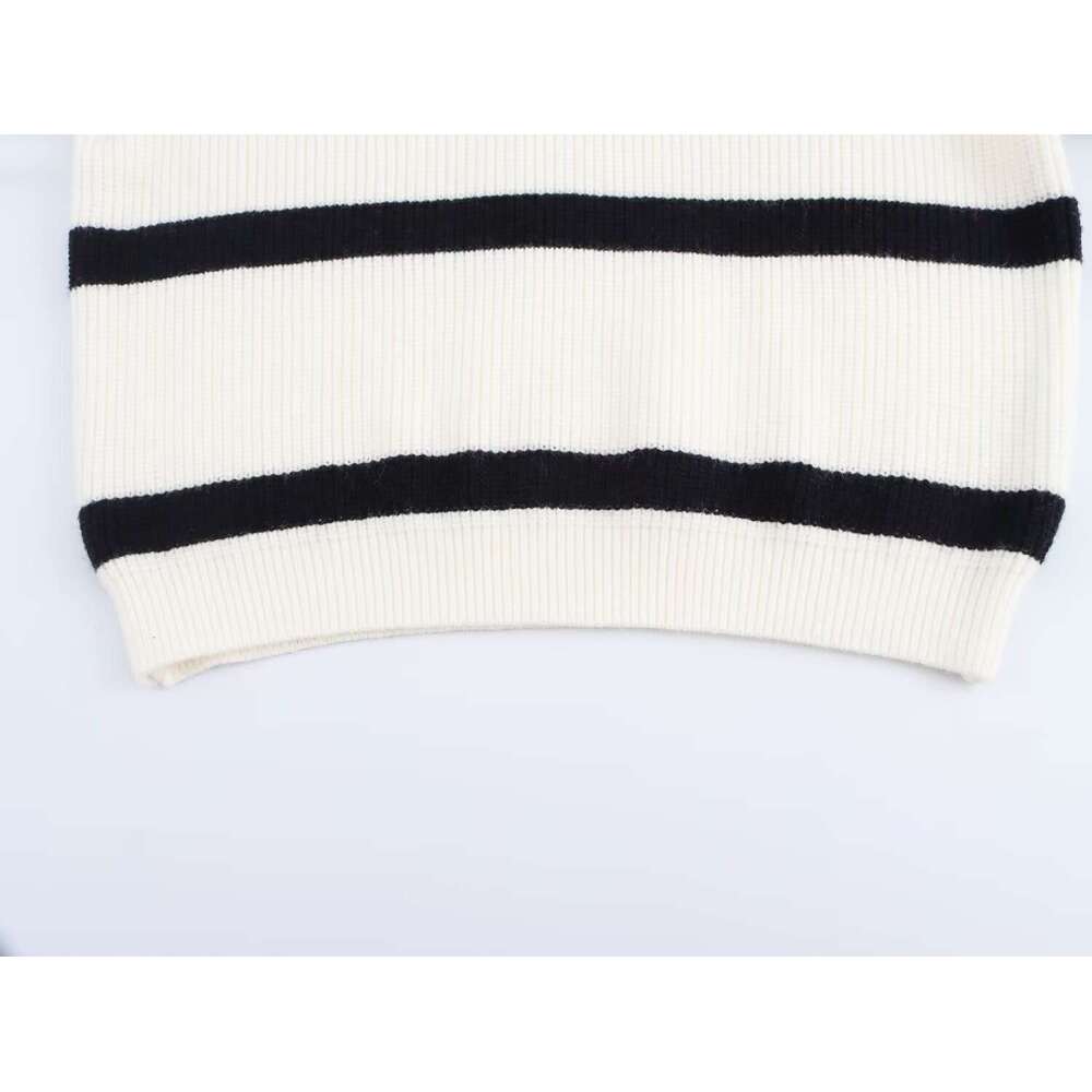 DHEssentials 2025 Autumn New French Style Chunky Knit Polo Square Neck Striped Pullover Sweater