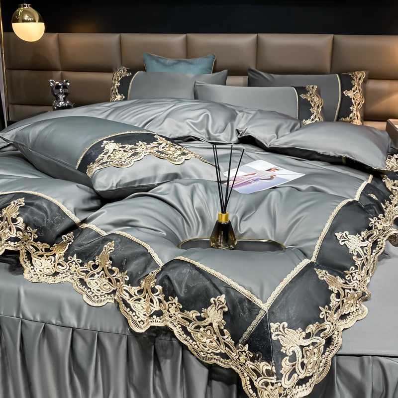 Luxury Bedding Set 3Pcs Duvet Cover Set King Size Bed Skirt Lace Double Side Washed Silk Design Reactive Printing Sleep Coolly C250912