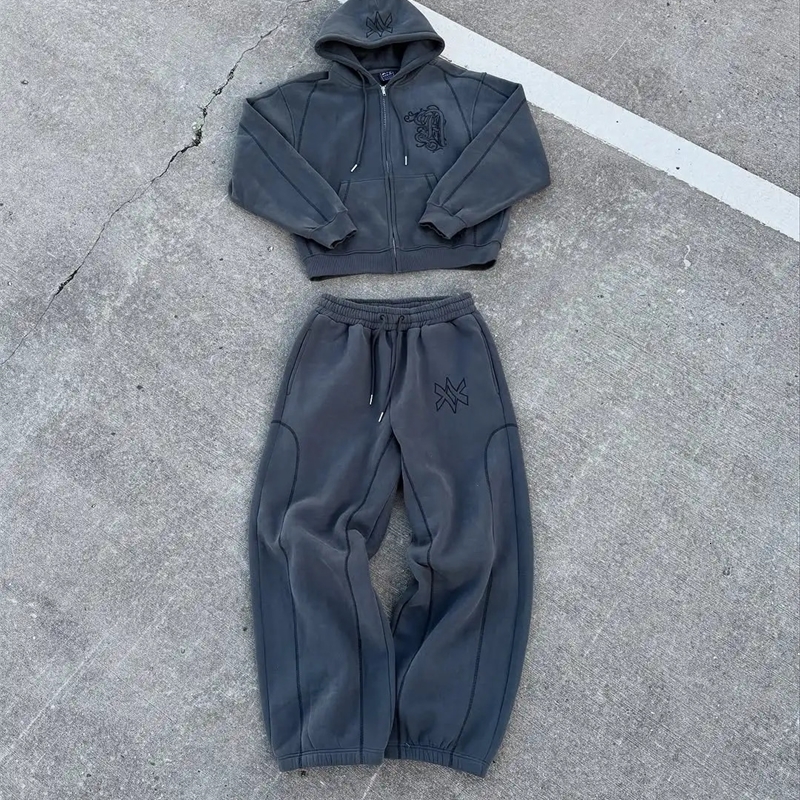 American Y2K Casual Zipper Hoodie Sweatpant Two Piece Set HipHop Oversized y Sweatshirts Men Women Pants 250911
