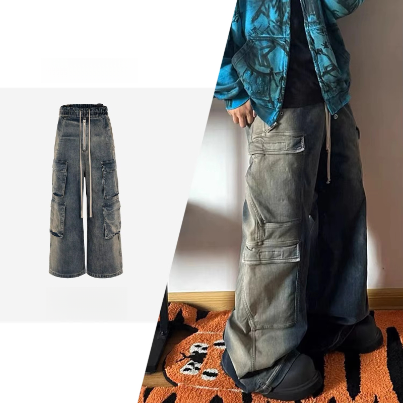 MIJKO Gradient Ribbons Jeans Multi-pockets Drawstring for Men Women Harajuku Streetwear Baggy Y2K Denim Trousers Cargo Pants