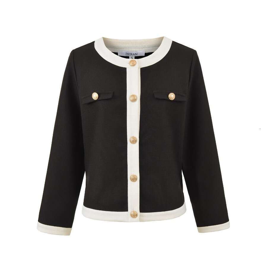 DHEssentials 2025 Autumn New Small Fragrance Style Youthful Short Single-Breasted Color-Block Women's Long Sleeve Jacket Black