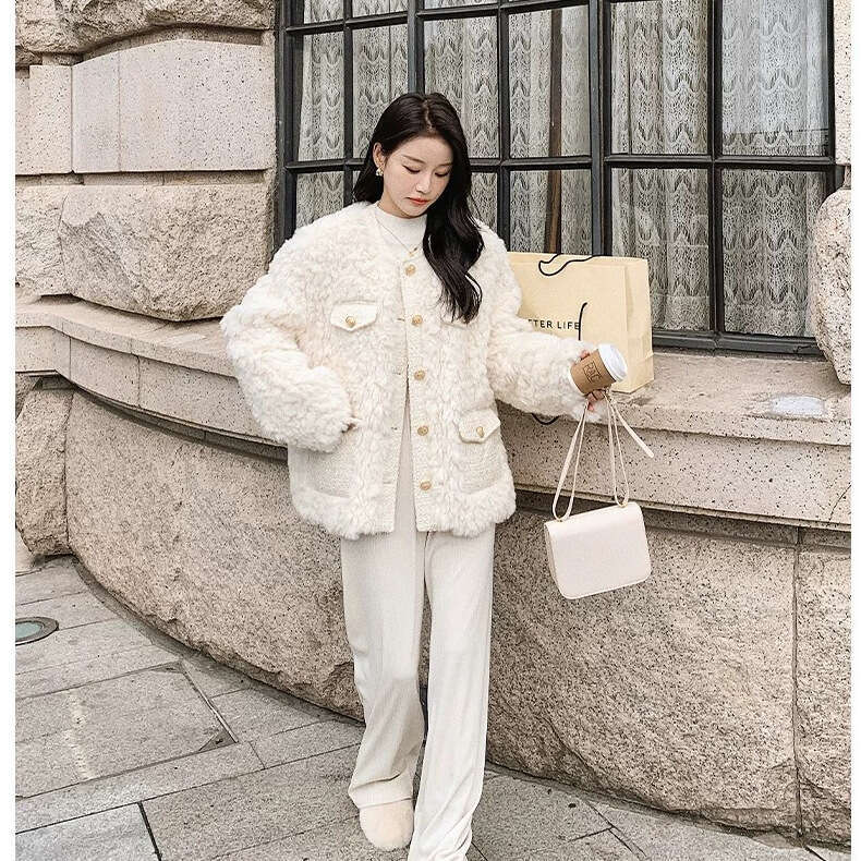DHEssentials Chanel Furry Coat for Women, High-End Feel, 2024 Spring Lamb Wool Design, Elegant Cotton Jacket, Autumn Korean Style Top