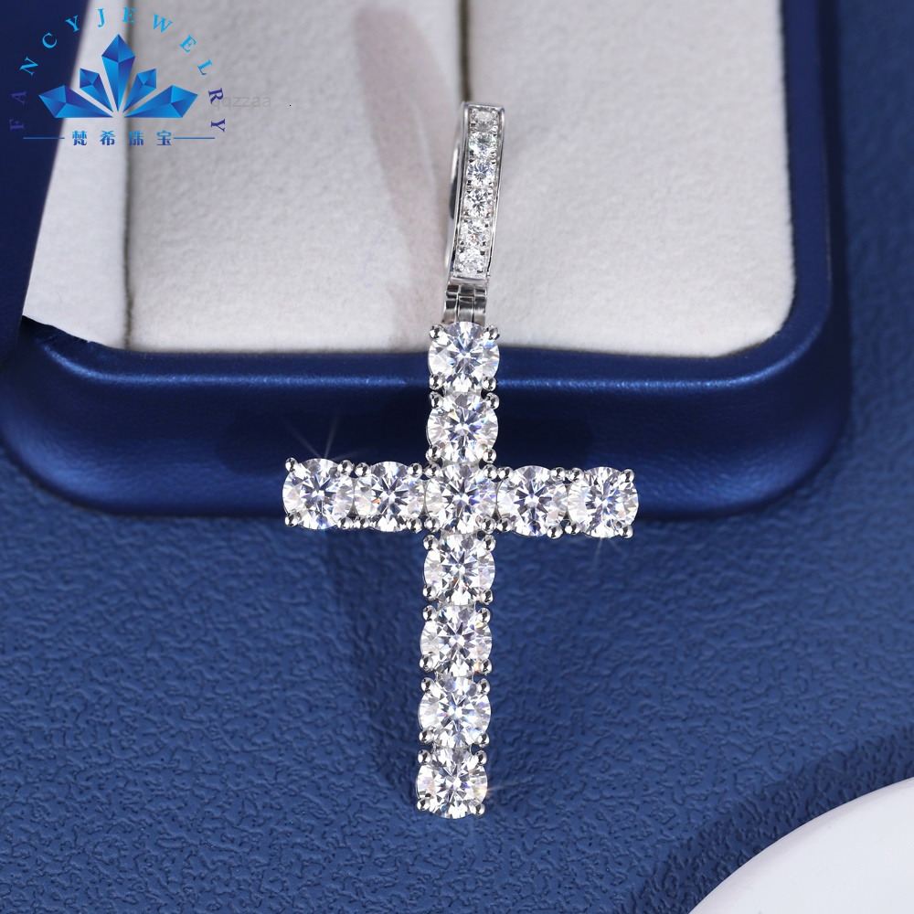 FancyJewelry Unisex High Quality 925 Silver Gold Plated Jesus Cross Pendant Trendy Fine Pendants Charms Men Women Moissanite