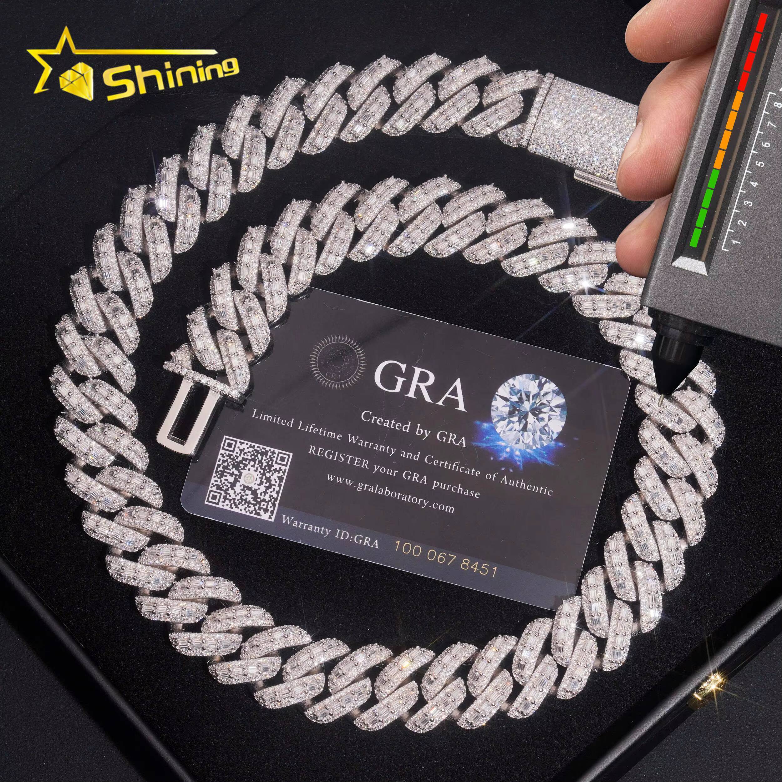 Baguette Moissanite 18mm Necklace Fine Jewelry VVS Iced Out Moissanite Pass Diamond Test 925Silver Gold Hip Hop Cuban Link Chain