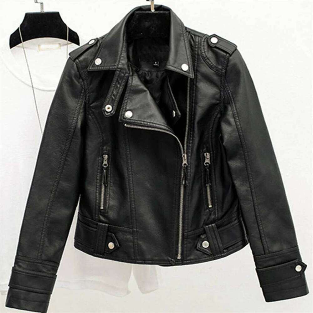 Fashion Leather Jacket Women Turn Down Collar Short Coat Zipper Long Sleeve New In Jackets Chic Streetwear Motorcycle Tops