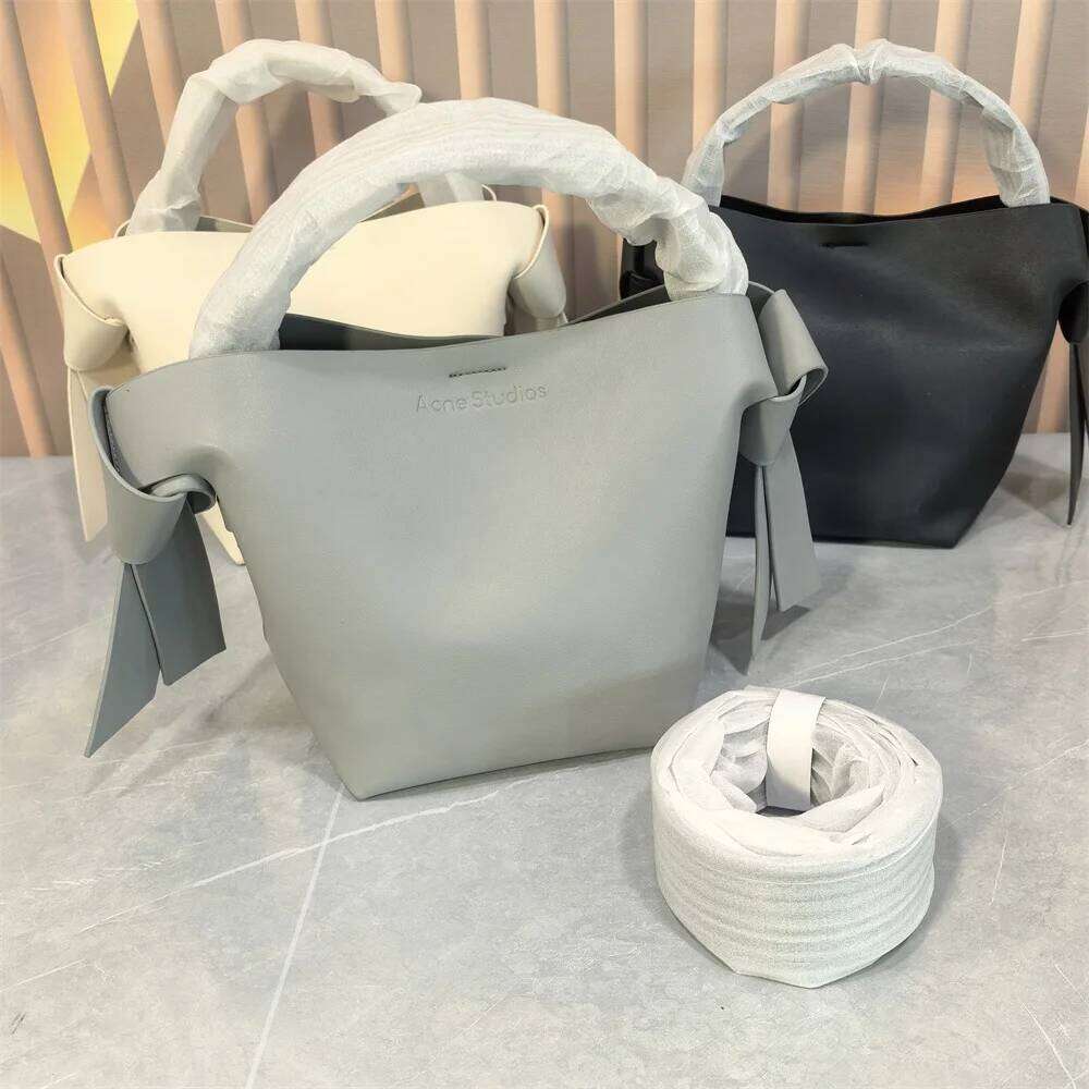 Swedish Niche Women's Genuine Leather Simple Bow Handbag Bucket Shoulder Crossbody Bag