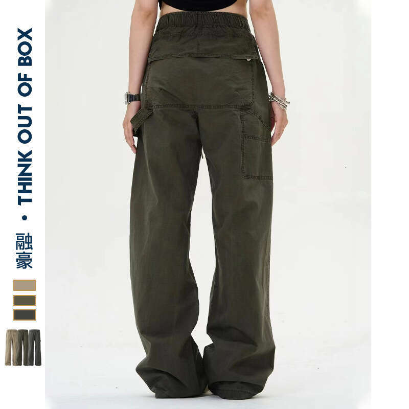 Trendy Khaki Draped Effect, Summer Design With Large Pockets, Straight Loose Fit, High Waist New Casual Pants B5