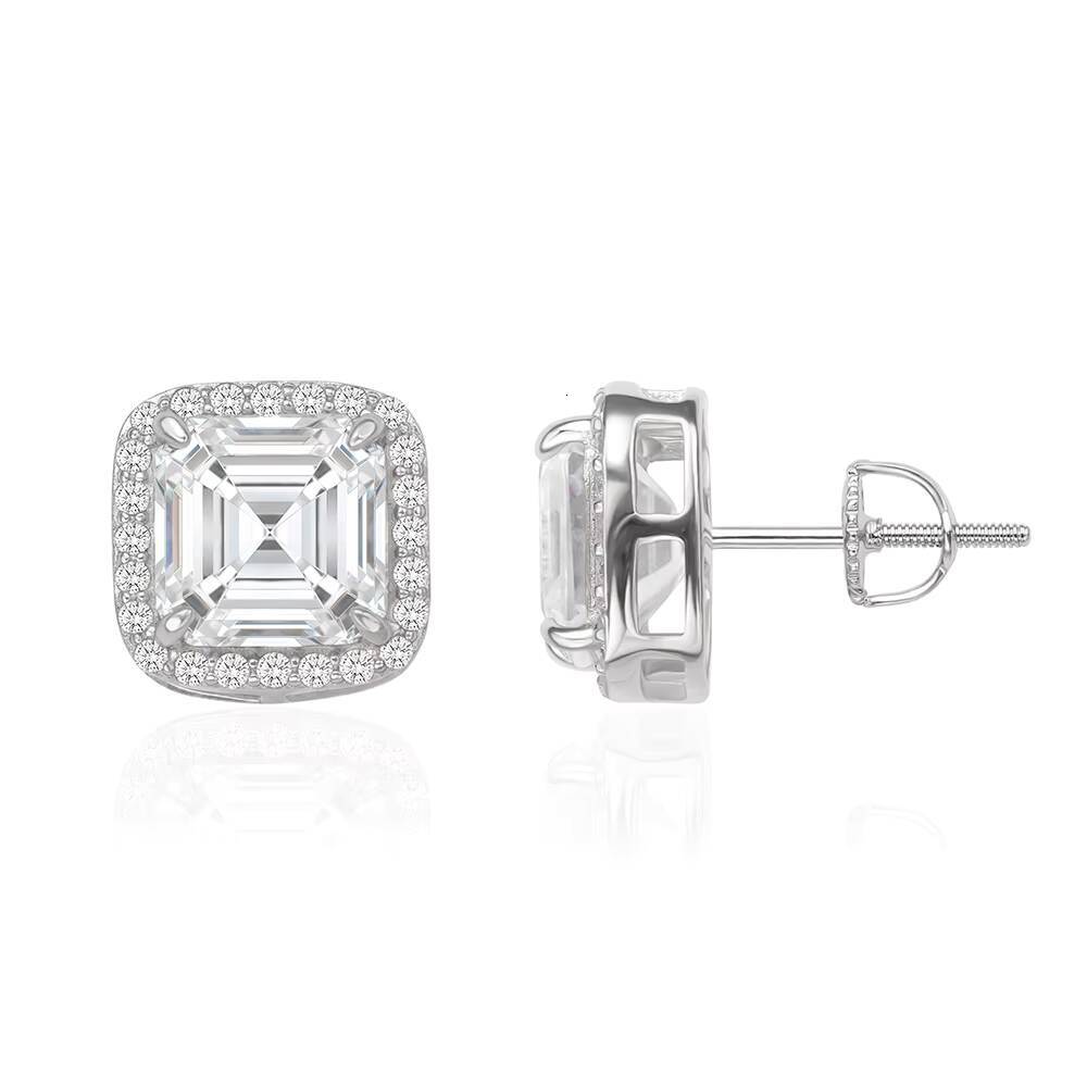 FOXI 925 Sterling Silver Earring square Asscher Cut Moissanite Diamond Halo Earrings Screw Back Post Stud Earrings for Men Women