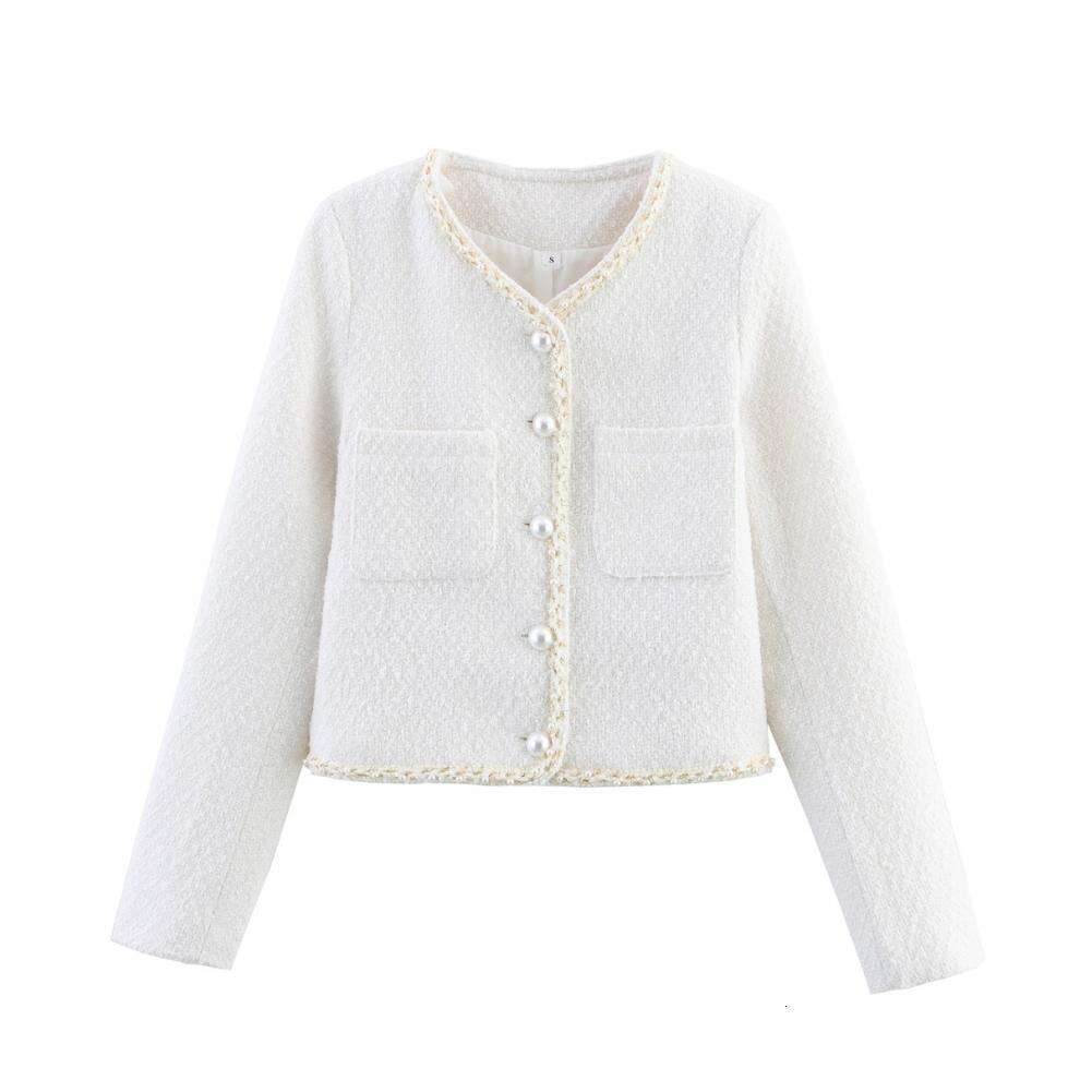 DHEssentials Summer New Women's Fashion Versatile Round Neck Long Sleeve Pocket Pearl Decorated Little Chanel Style Short Jacket