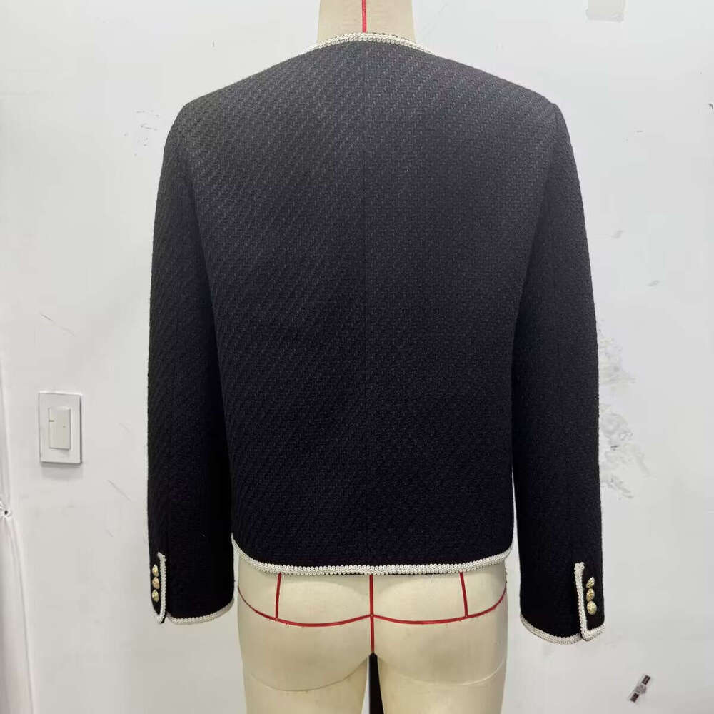 DHEssentials Autumn New Style Tweed Contrast Color Lace Trim Four-Pocket Short Fleece Round Neck Jacket 1290871