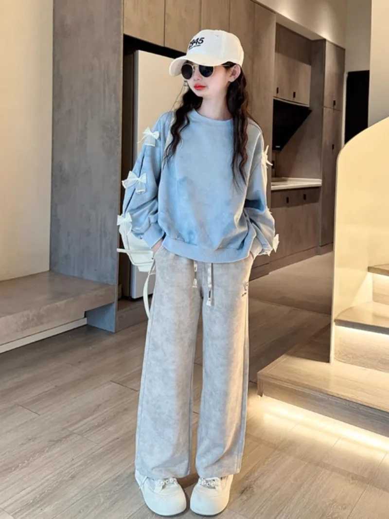 Top Pants 2Piece Set Bow Sweatshirt Girl Two Skirt Elementary Student Clothes Autumn Winter Outfit Childrens Clothing Girls C250912