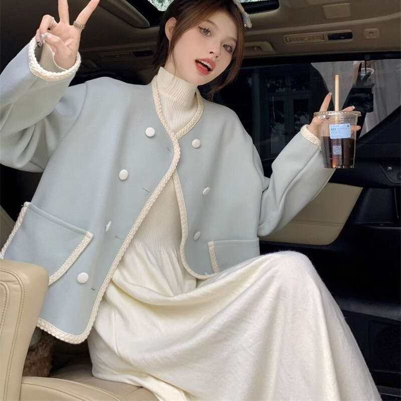 DHEssentials Autumn Winter New French Small Fragrance Color-Block Elegant Long-Sleeve Coat Women Gentle Style Apricot Dress Two-Piece Set
