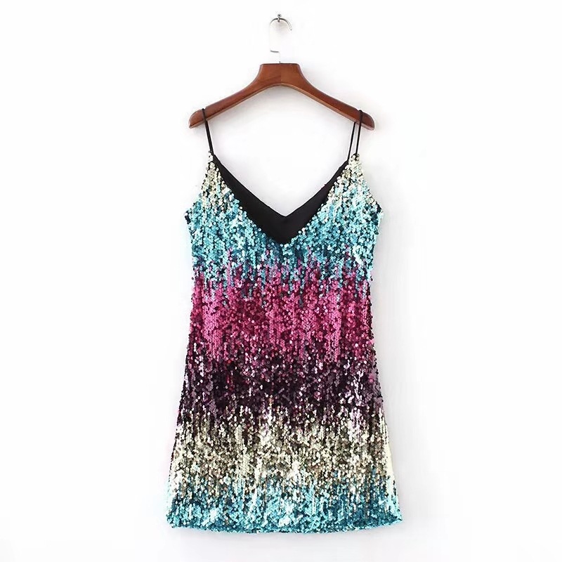 L95Suspender Skirt European and American Foreign Trade Women's Sexy Sequin V-Neck Dress