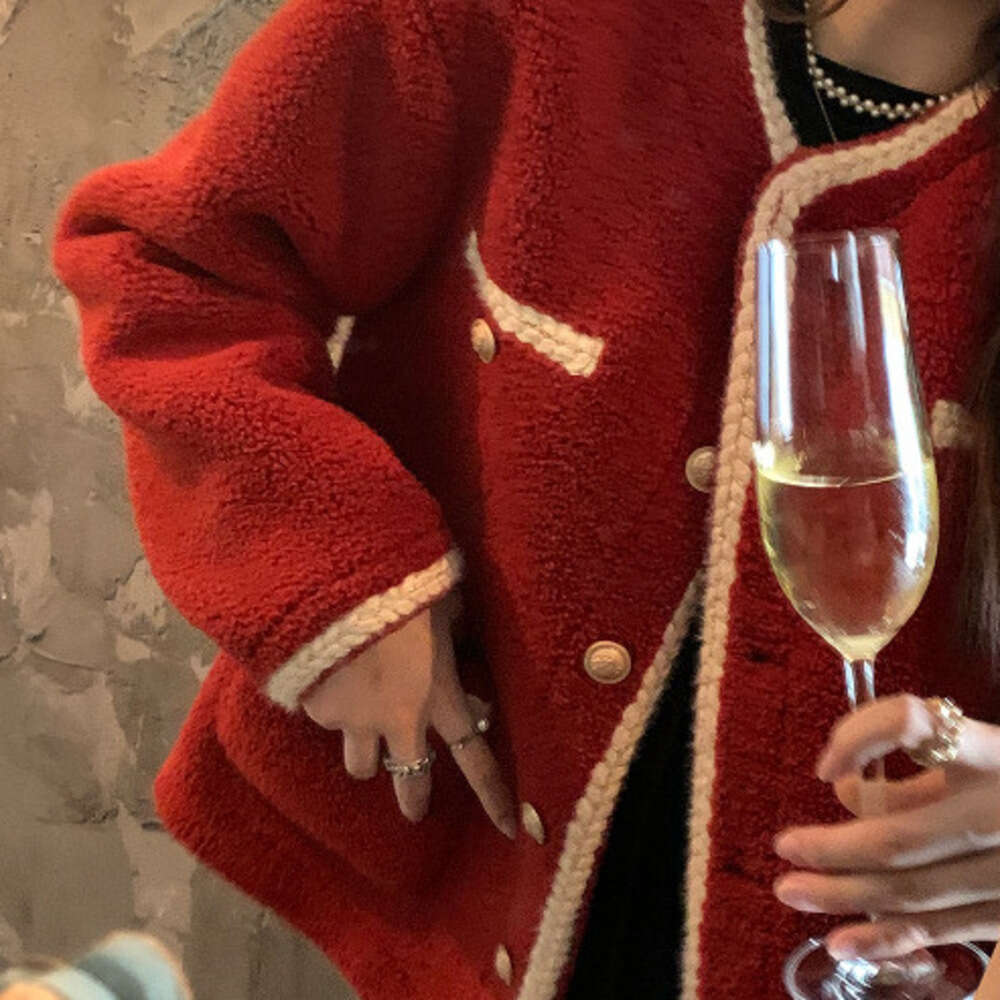 DHEssentials Red Little Chanel Style Lamb Wool Coat Women, Unique Design, Autumn Winter New Thickened and Fleece-Lined Top for Students
