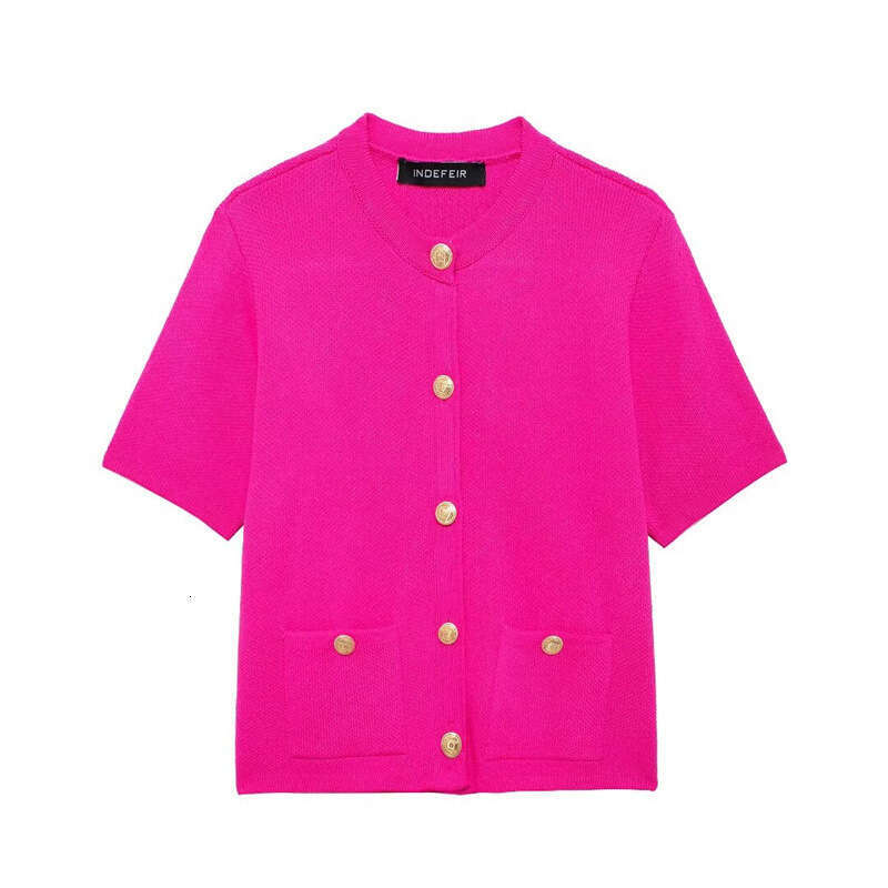 DHEssentials 2025 New Style Chanel-Inspired Round Neck Patch Pocket Decorated Button Design Short Sleeve Knitted Jacket 6427031