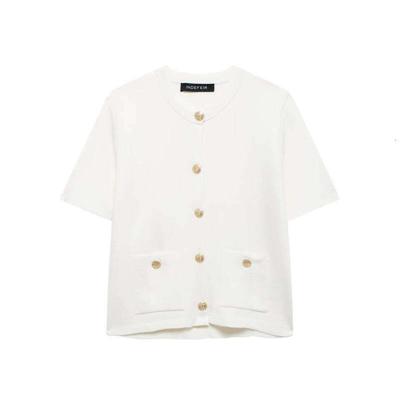 DHEssentials 2025 New Style Chanel-Inspired Round Neck Patch Pocket Decorated Button Design Short Sleeve Knitted Jacket 6427031