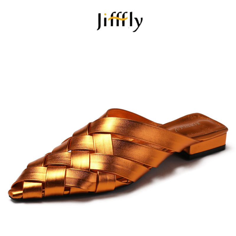 Jifffly Designer Hollowed-out Woven Pointed Tips Slippers Platform Outdoor Beach Sandals For Women Silver Buckle Slipper Fashion Casual Home Flat Sand