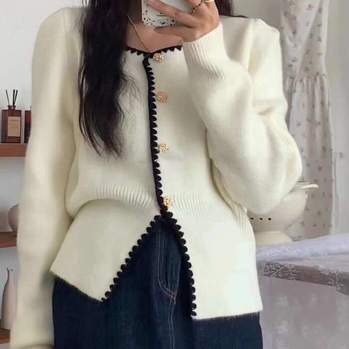 DHEssentials Autumn Winter Little Fragrance Style Sweater Top Square Collar Embroidered Single-Breasted Elegant Knitted Cardigan Coat Women's Clo