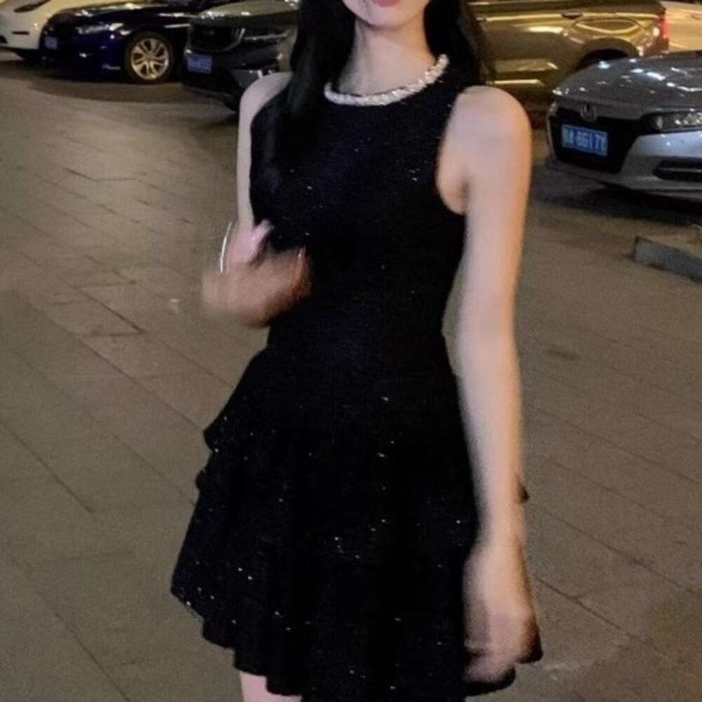 DHEssentials French Style Black Shimmer Vest for Women, High-End Socialite Elegant Waist-Cinching Birthday Cake Short Dress