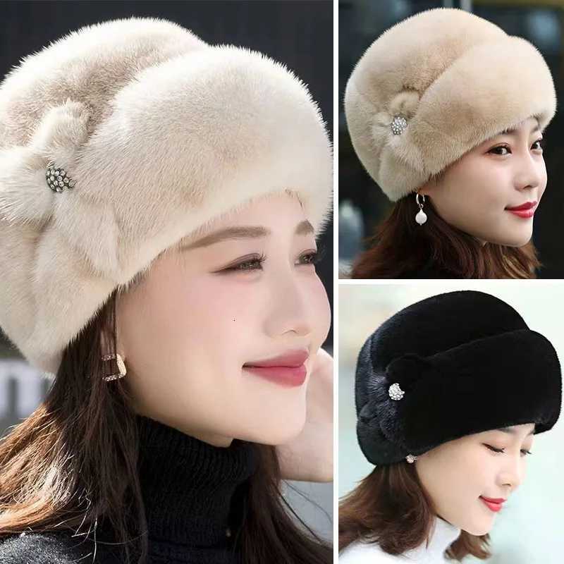 Winter Fluffy Fur Hat Russian Flower Solid Color Warm Plush for Wen Egant Thick Imitation Mink Fur Middaged s G250910