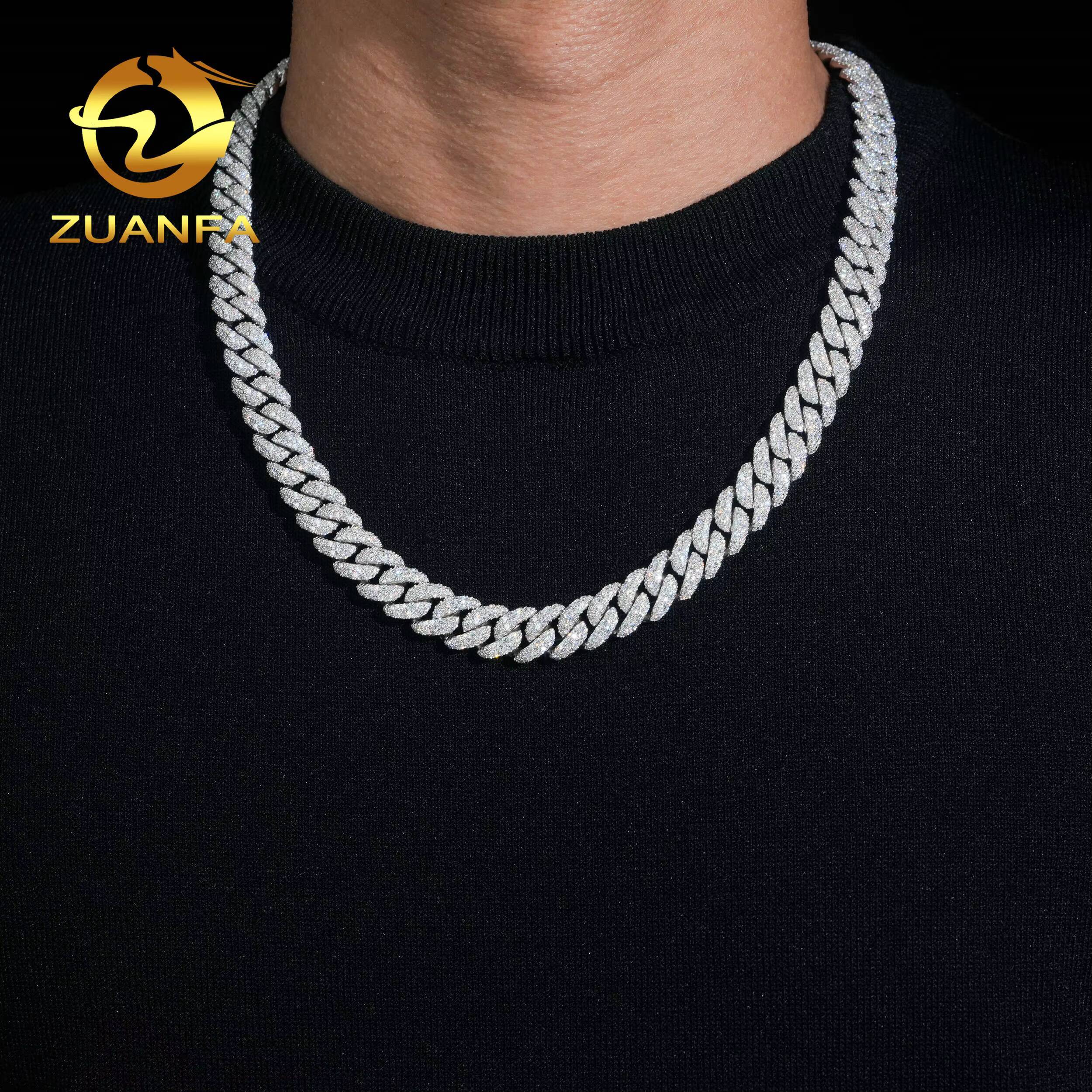 Hip Hop Iced Out Cuban Link Chain 12mm Pass Test VVS Moissanite Solid 925 Sterling Silver Gold Plated Mosaic Set Necklace Chain