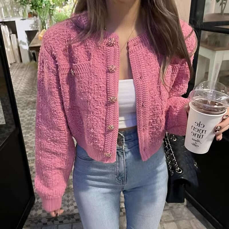 DHEssentials 2025 Autumn Winter French Style Small Fragrance Button Round Neck Short Knitted Sweater Top Fashionable Casual Versatile Stylish Cardigan