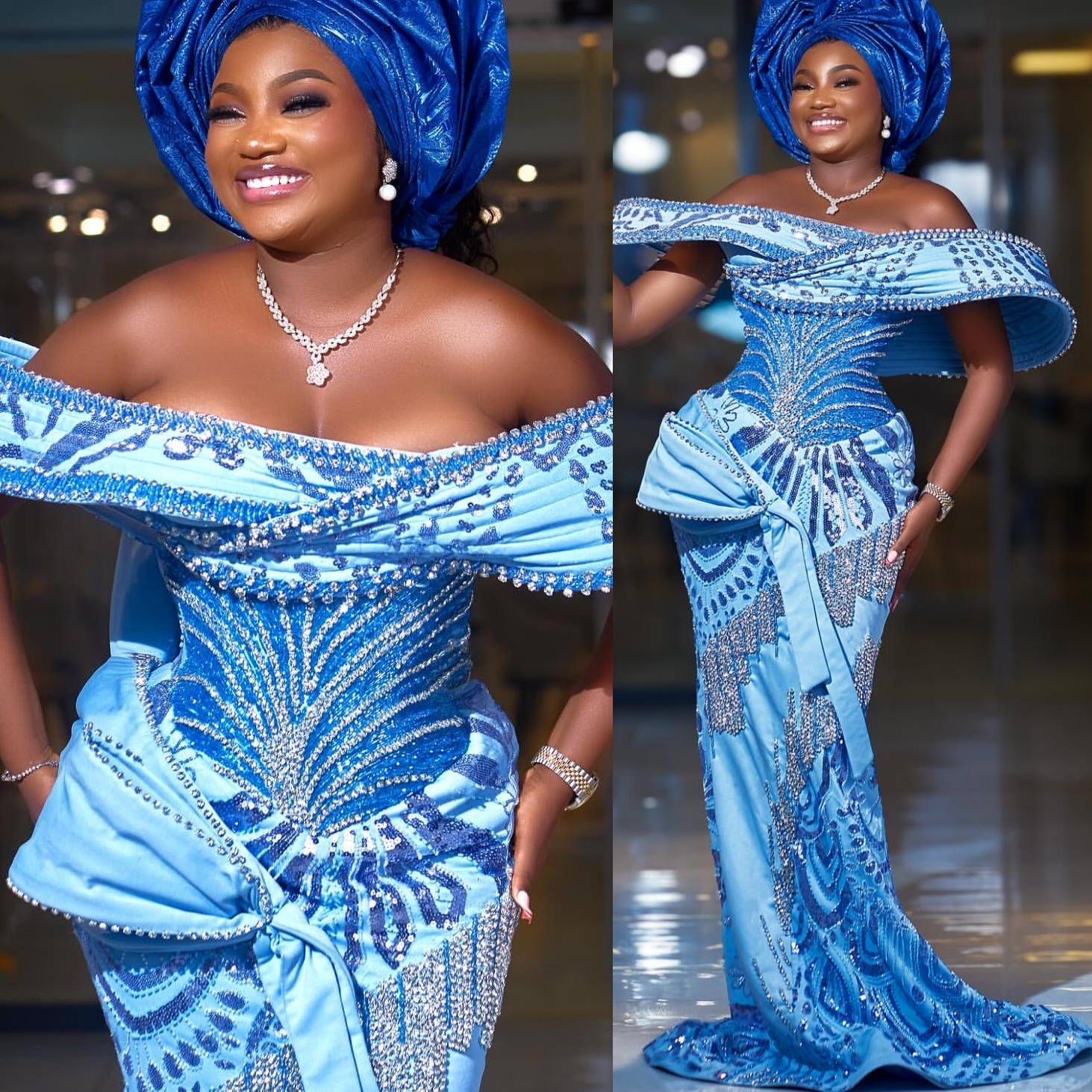 Aso Ebi Sky Blue Mermaid Prom Dresses 2025 Crystals Sequined Evening Formal Party Second Birthday Engagement Gowns Plus Size Dress For Special Occasio