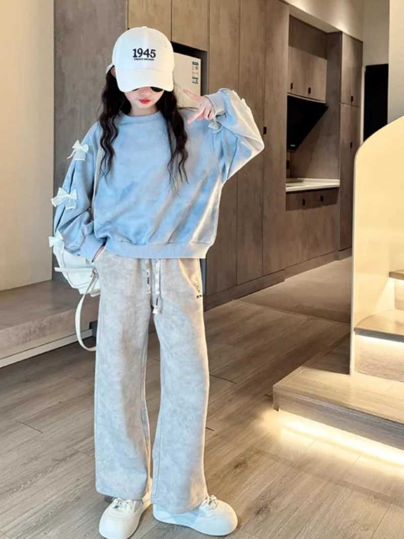 Top Pants 2Piece Set Bow Sweatshirt Girl Two Skirt Elementary Student Clothes Autumn Winter Outfit Childrens Clothing Girls C250912