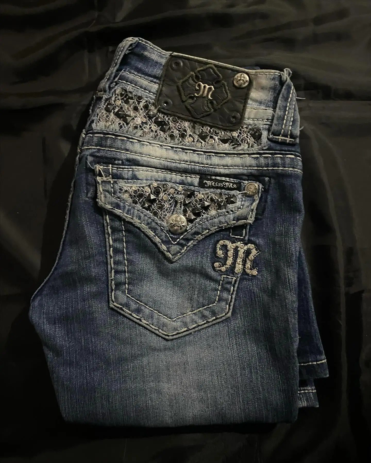 Streetwear Y2K Clothes Womens Vintage Pocket Sequin Washed Blue Baggy Jeans Mid Rise Slim Fit Trousers Z260313