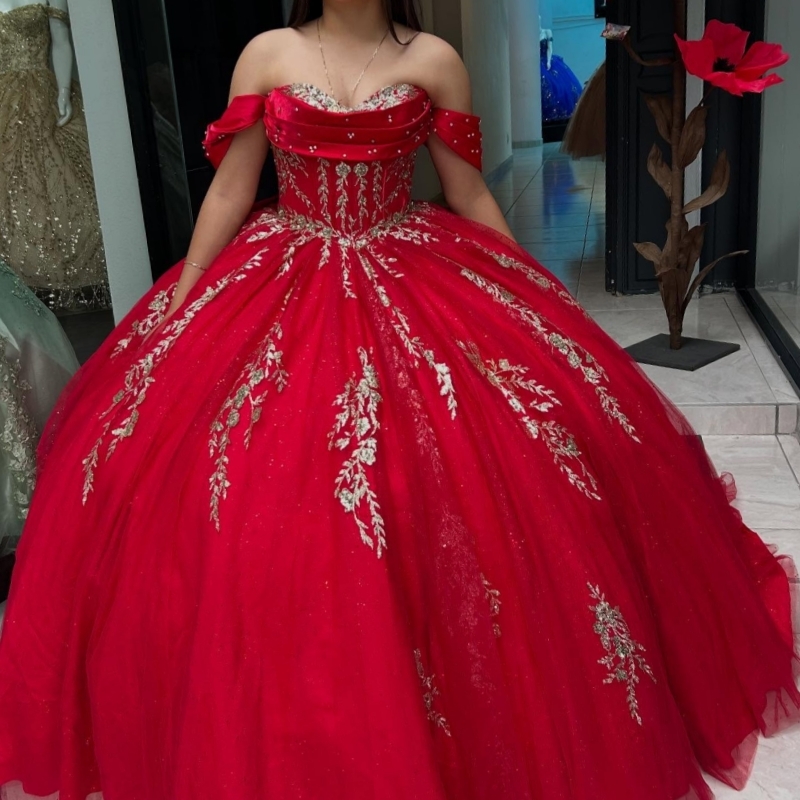 Red Shiny Ball Gown Quinceanera Dresses Off The Shoulder Sequin Applique Lace Beads Tull Party Birthday Sweet 16 Dress Vestidos 15 De Anos