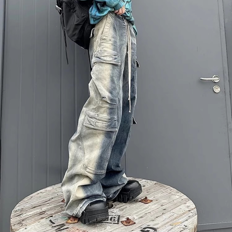 MIJKO Gradient Ribbons Jeans Multi-pockets Drawstring for Men Women Harajuku Streetwear Baggy Y2K Denim Trousers Cargo Pants