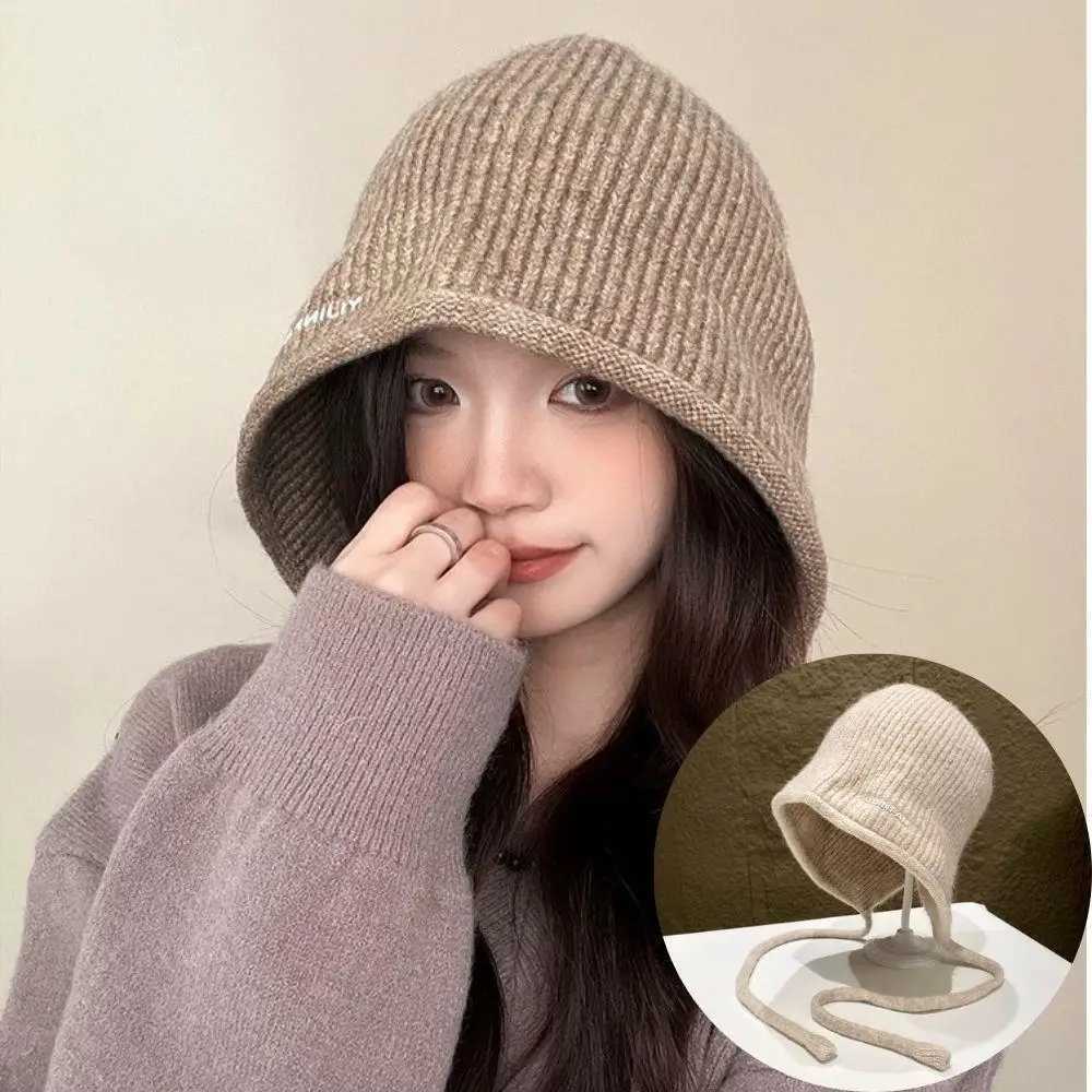 Hot Autumn Winter Wens Fashion Knit Hat Knitted Wool Ear Protection Solid Color Warm LaceUp Wens Bber Bonnets G250910