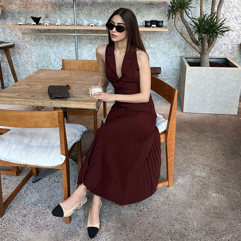 European and American Cross-Border Design Women's Fashion Summer New Suit Collar Blazer Vest Top Mid-Length Pleated Skirt Set