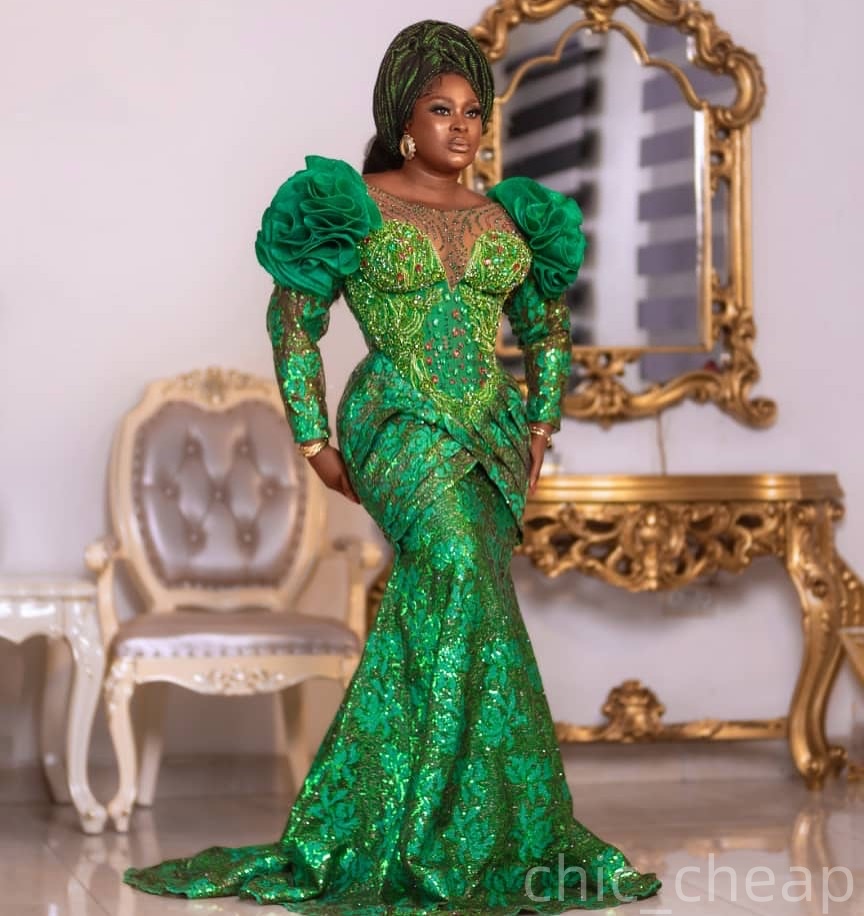 Aso Ebi Green Mermaid Prom Dresses 2025 Crystals Flowers Sheer Neck Evening Formal Party Second Birthday Engagement Gowns Plus Size Dress For Special 