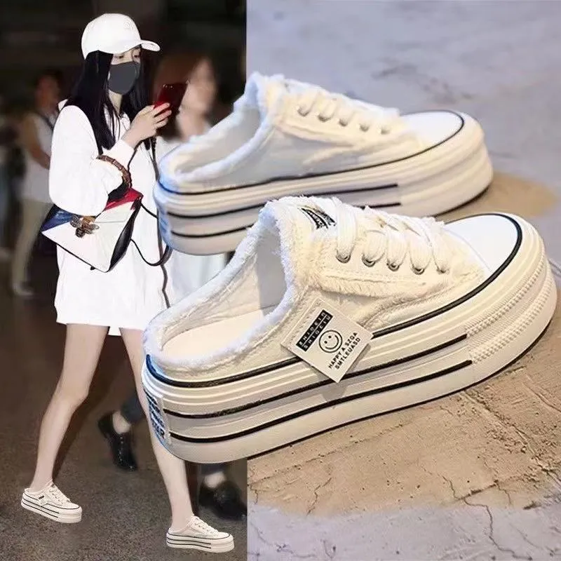 Casual New Height Increasing Platform Canvas Women Summer Outer White Sneakers Slipper Slip on Sandals Vulcanize Shoes