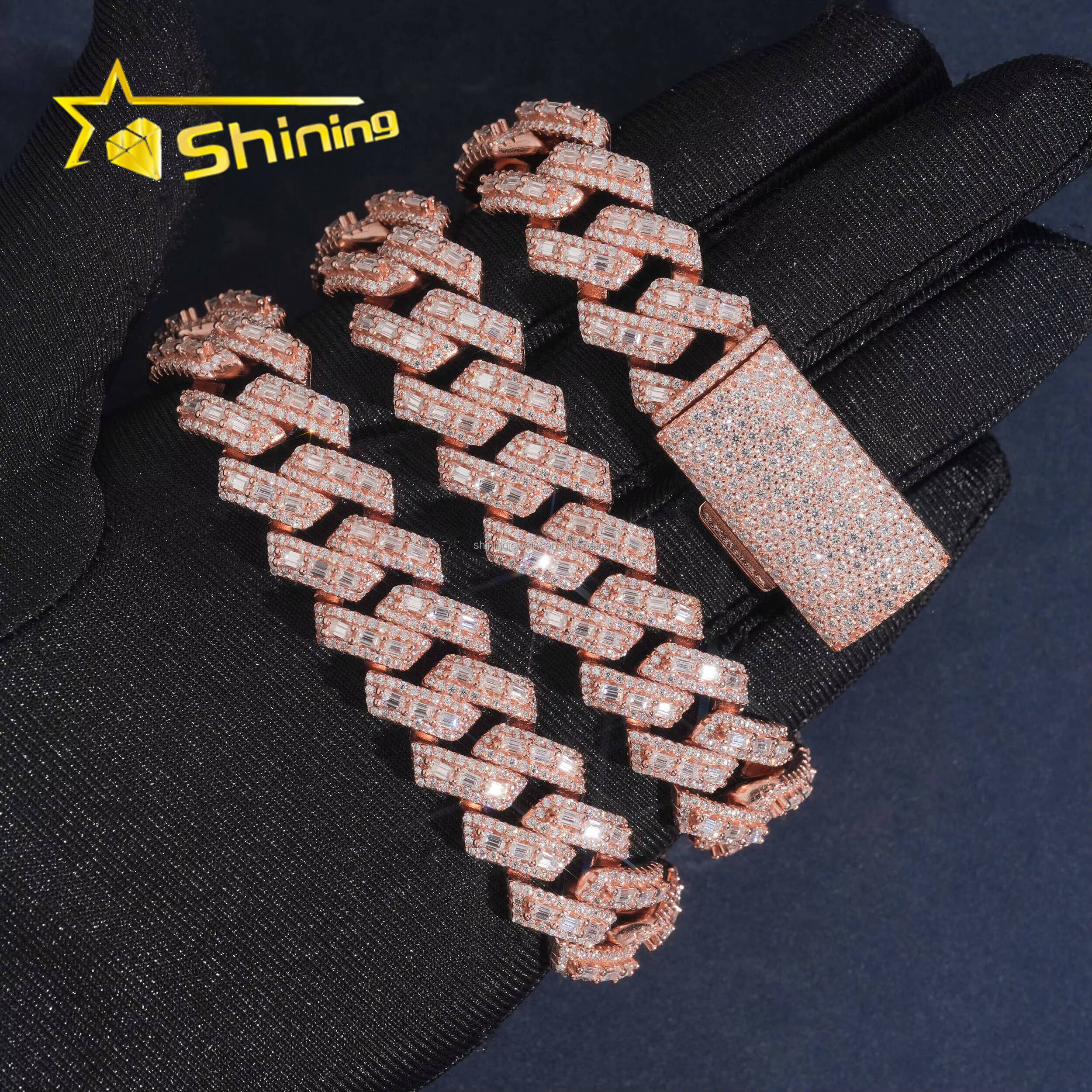 Customized 16mm Width 3Rows Prong Setting Luxury GRA Certificate S925 Iced Out VVS Baguette Moissanite Miami Cuban Link Chain