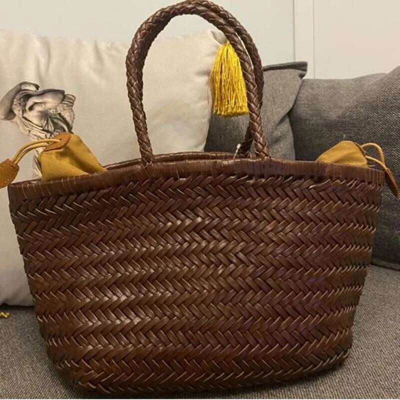 100% Natural Cowhide Weave Handbags Hand Designer Genuine Leather Female Totes Vintage Women's Cowskin Lady Large Shopping Bags