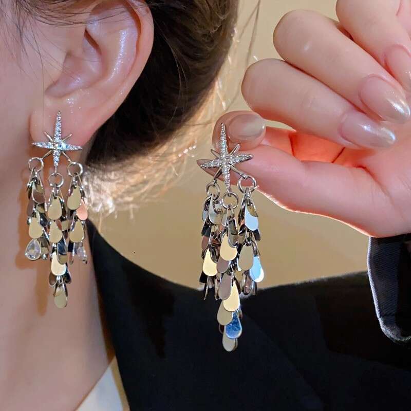Eight-Pointed Zircon Shining Star Two-Way Wear Tassel Earrings Exaggerated Ear Jewelry