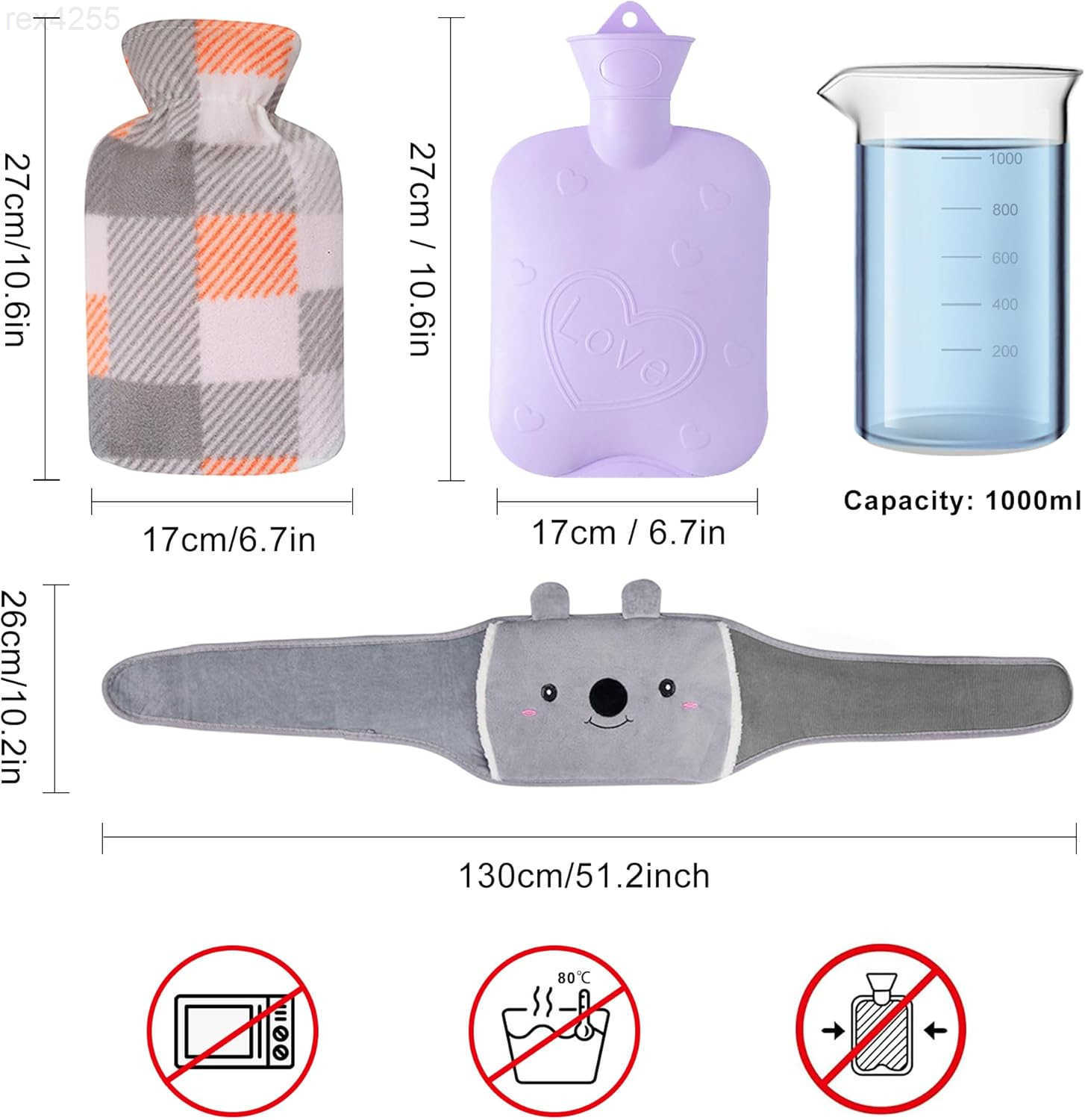 Water Bag Hot Water Bottle wtih Cover 1L Rubber Warm Hot Water Bottles Pouch with 130cm Long Soft Waist Cover for Neck Shoulder Back Hand Legs and Per