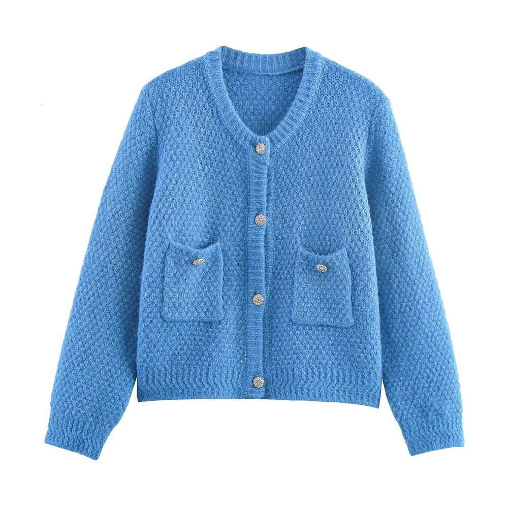 DHEssentials 2025 Autumn New Women's Fashion Wind Diamond Check Pocket Chanel Style Round Neck Knitted Long Sleeve Sweater Coat