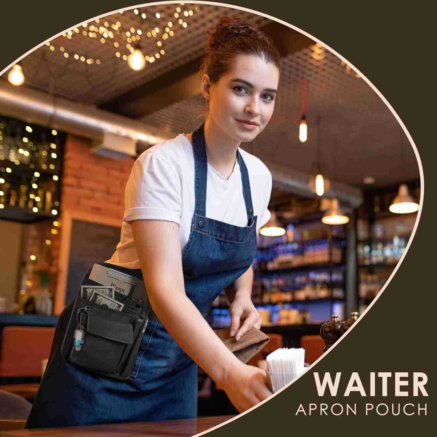 Apron Waist Pouch Restaurant Waiter Waist Tool Pouch Bag with Adjustable Belt Utility Money Bag Working Serving Apron with Pockets for Waitress for Re