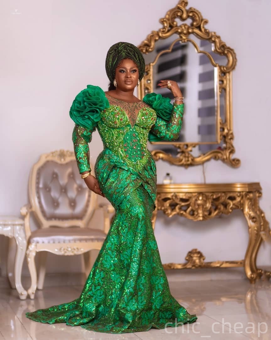 Aso Ebi Green Mermaid Prom Dresses 2025 Crystals Flowers Sheer Neck Evening Formal Party Second Birthday Engagement Gowns Plus Size Dress For Special 