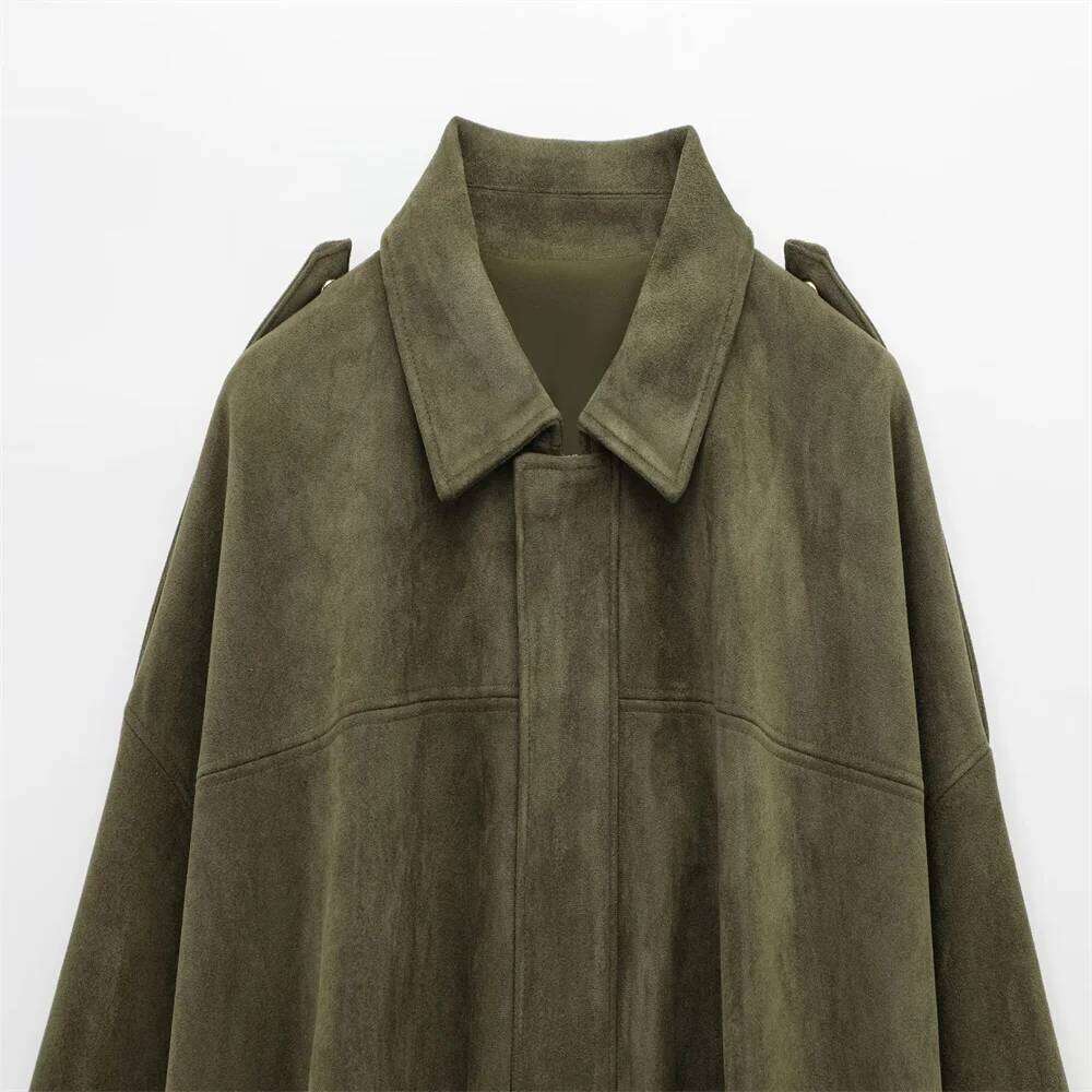 Pb&Za 2025 Women Faux Suede Collared Jacket With Shoulder Straps Loose Fit Stylish Olive Green For Sale On