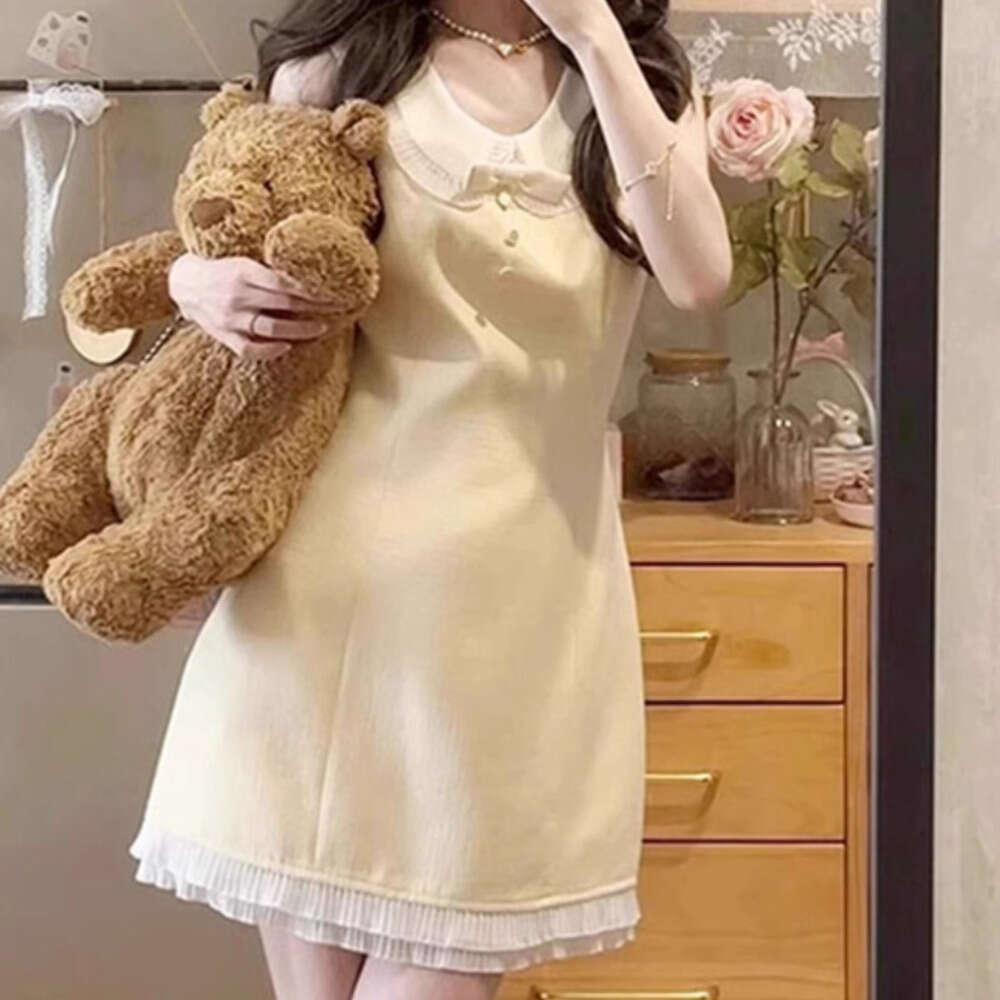 DHEssentials French Style Elegant Little Chanel Doll Collar Sleeveless for Women Summer Waist Slimming Rich Lady Yellow Short Dress